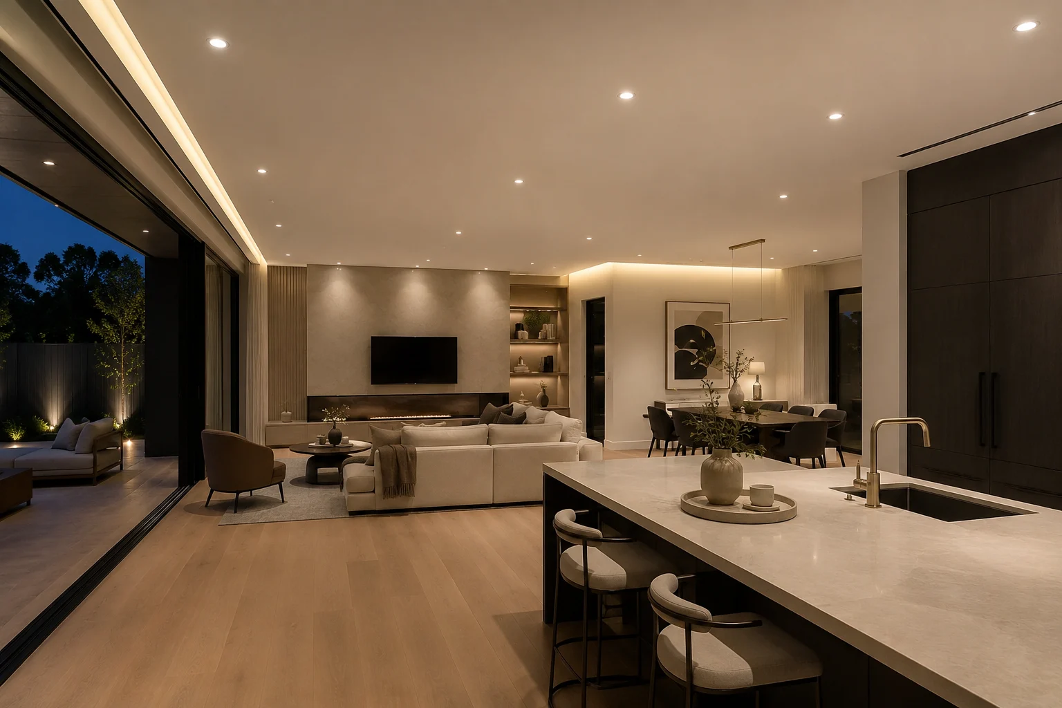 Open-plan living and kitchen illuminated by recessed downlights at dusk