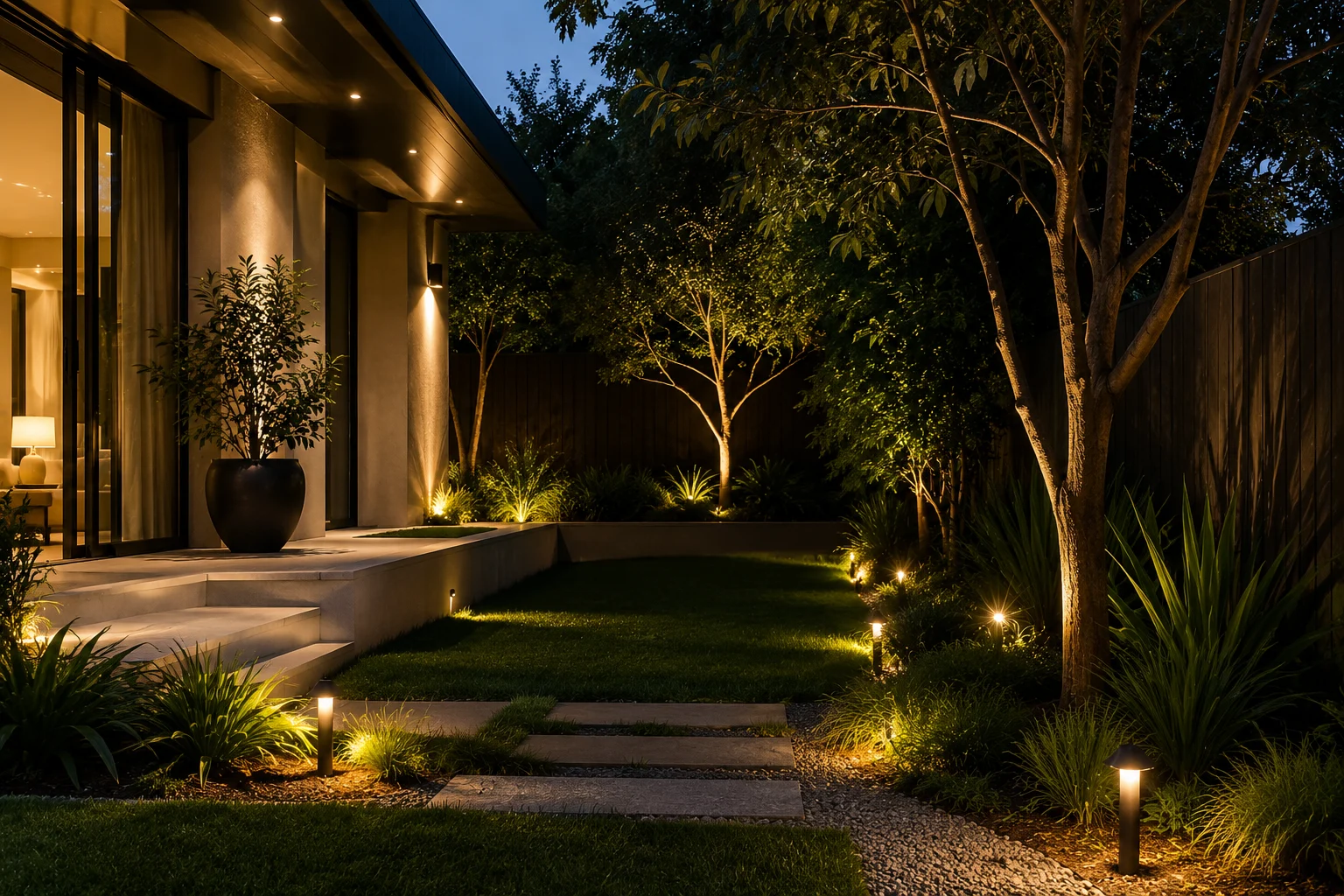 Landscaped garden path with spike and bollard lighting at dusk